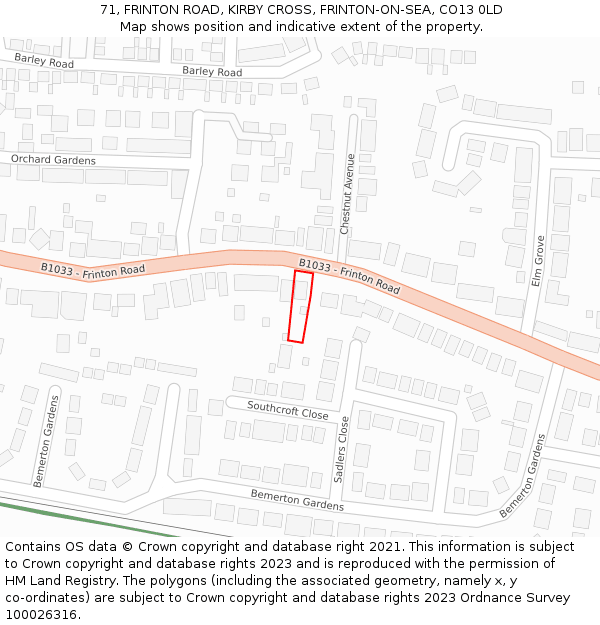 71, FRINTON ROAD, KIRBY CROSS, FRINTON-ON-SEA, CO13 0LD: Location map and indicative extent of plot