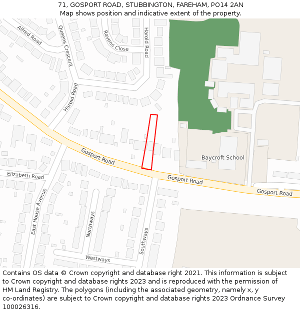 71, GOSPORT ROAD, STUBBINGTON, FAREHAM, PO14 2AN: Location map and indicative extent of plot