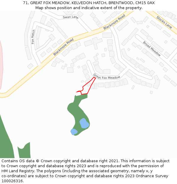 71, GREAT FOX MEADOW, KELVEDON HATCH, BRENTWOOD, CM15 0AX: Location map and indicative extent of plot