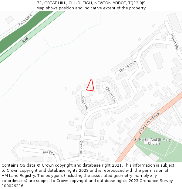 71, GREAT HILL, CHUDLEIGH, NEWTON ABBOT, TQ13 0JS: Location map and indicative extent of plot