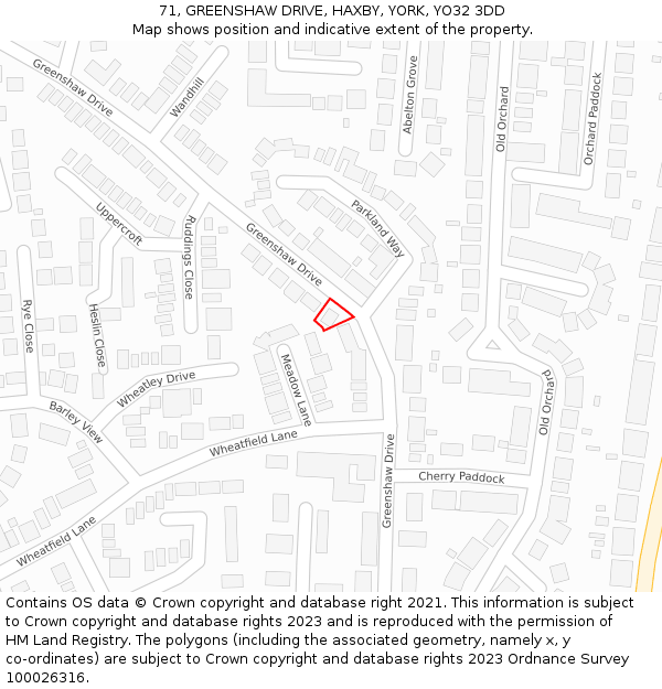 71, GREENSHAW DRIVE, HAXBY, YORK, YO32 3DD: Location map and indicative extent of plot