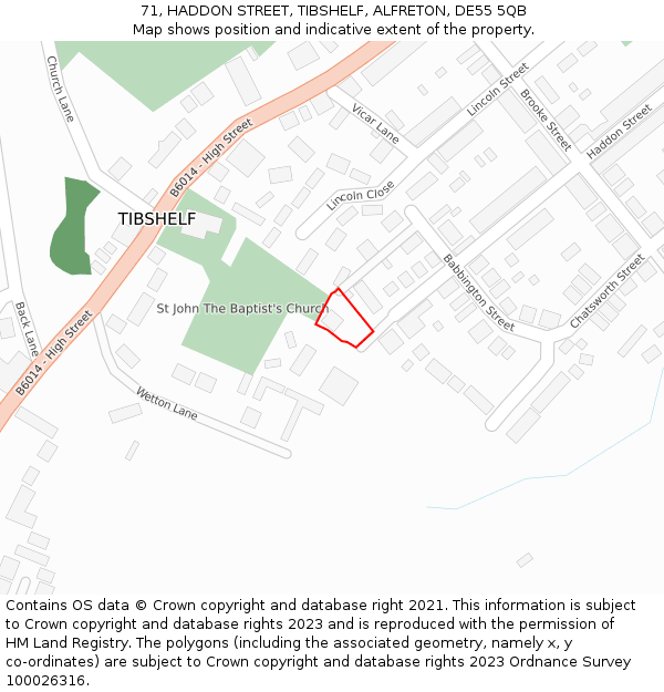 71, HADDON STREET, TIBSHELF, ALFRETON, DE55 5QB: Location map and indicative extent of plot