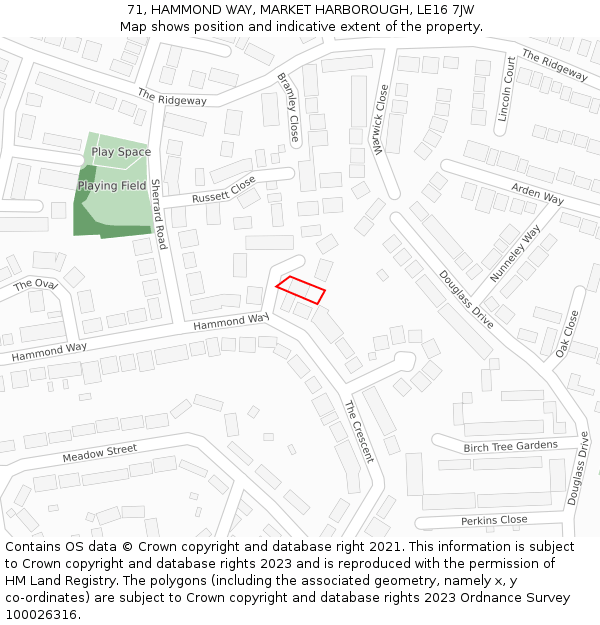 71, HAMMOND WAY, MARKET HARBOROUGH, LE16 7JW: Location map and indicative extent of plot