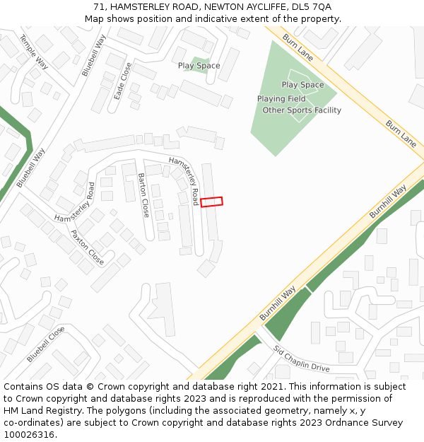 71, HAMSTERLEY ROAD, NEWTON AYCLIFFE, DL5 7QA: Location map and indicative extent of plot