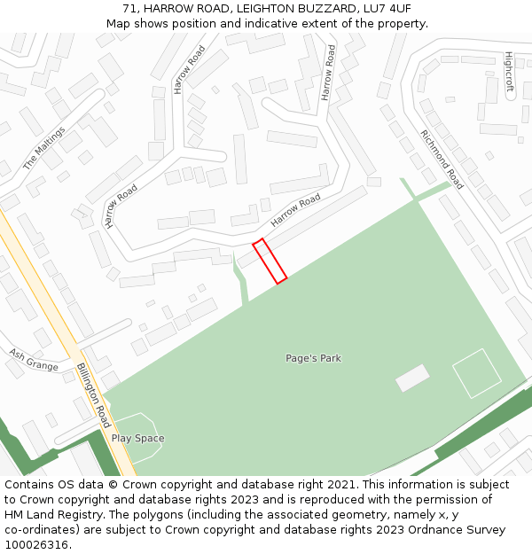 71, HARROW ROAD, LEIGHTON BUZZARD, LU7 4UF: Location map and indicative extent of plot