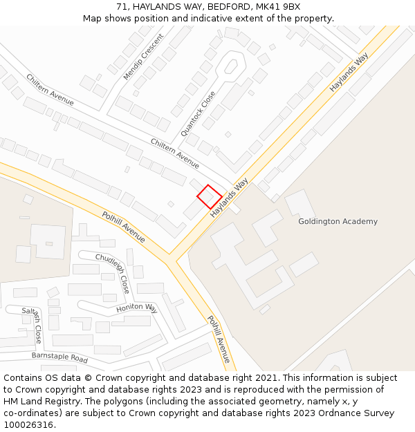 71, HAYLANDS WAY, BEDFORD, MK41 9BX: Location map and indicative extent of plot