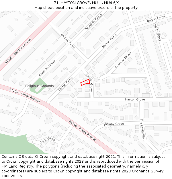 71, HAYTON GROVE, HULL, HU4 6JX: Location map and indicative extent of plot