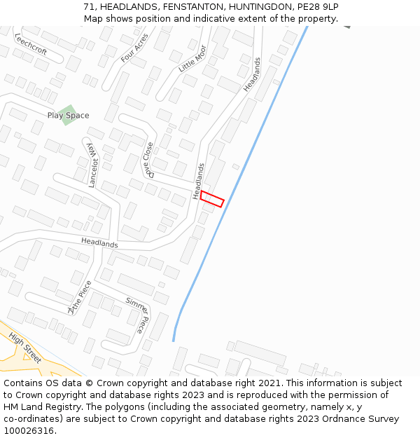 71, HEADLANDS, FENSTANTON, HUNTINGDON, PE28 9LP: Location map and indicative extent of plot