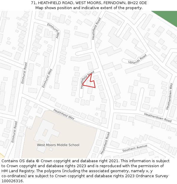 71, HEATHFIELD ROAD, WEST MOORS, FERNDOWN, BH22 0DE: Location map and indicative extent of plot