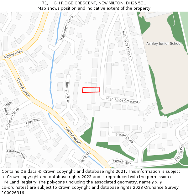 71, HIGH RIDGE CRESCENT, NEW MILTON, BH25 5BU: Location map and indicative extent of plot