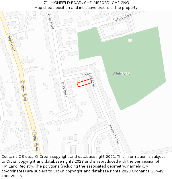 71, HIGHFIELD ROAD, CHELMSFORD, CM1 2NG: Location map and indicative extent of plot