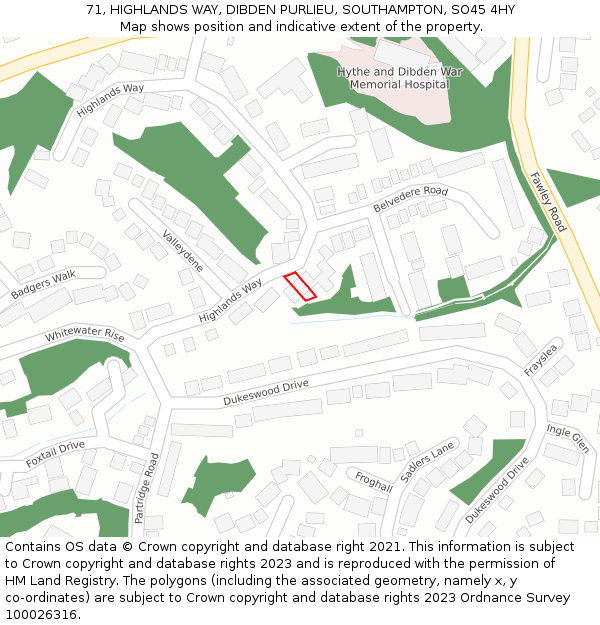71, HIGHLANDS WAY, DIBDEN PURLIEU, SOUTHAMPTON, SO45 4HY: Location map and indicative extent of plot