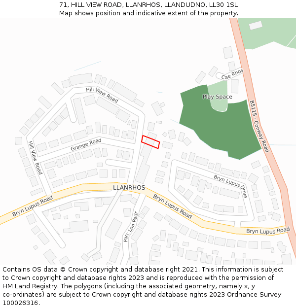 71, HILL VIEW ROAD, LLANRHOS, LLANDUDNO, LL30 1SL: Location map and indicative extent of plot