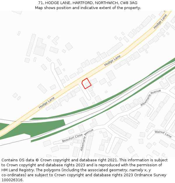 71, HODGE LANE, HARTFORD, NORTHWICH, CW8 3AG: Location map and indicative extent of plot