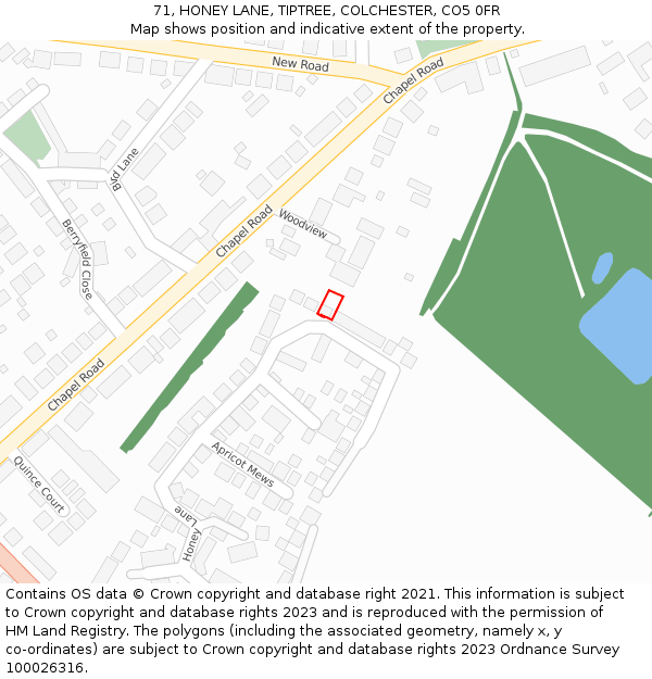 71, HONEY LANE, TIPTREE, COLCHESTER, CO5 0FR: Location map and indicative extent of plot