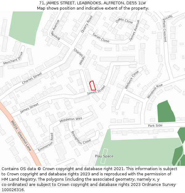 71, JAMES STREET, LEABROOKS, ALFRETON, DE55 1LW: Location map and indicative extent of plot