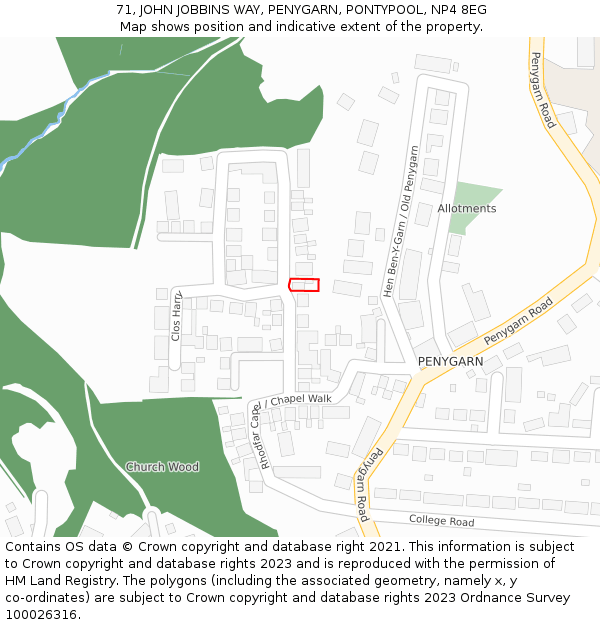 71, JOHN JOBBINS WAY, PENYGARN, PONTYPOOL, NP4 8EG: Location map and indicative extent of plot