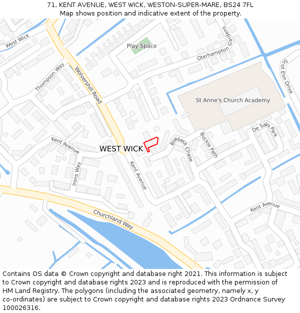 71, KENT AVENUE, WEST WICK, WESTON-SUPER-MARE, BS24 7FL: Location map and indicative extent of plot