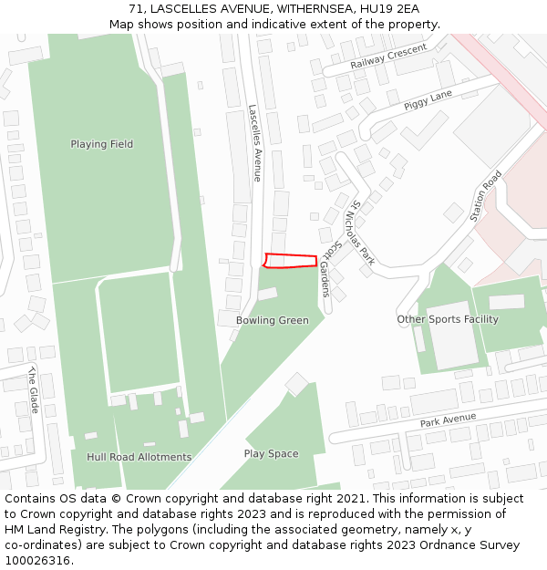 71, LASCELLES AVENUE, WITHERNSEA, HU19 2EA: Location map and indicative extent of plot