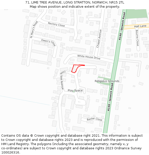 71, LIME TREE AVENUE, LONG STRATTON, NORWICH, NR15 2TL: Location map and indicative extent of plot