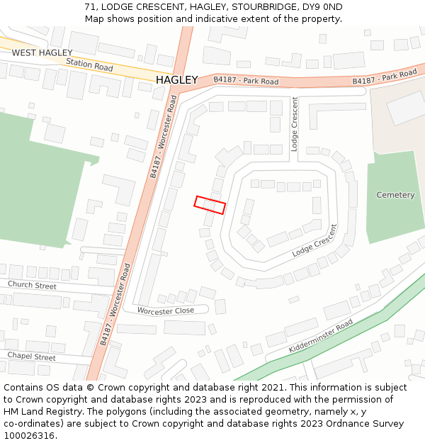 71, LODGE CRESCENT, HAGLEY, STOURBRIDGE, DY9 0ND: Location map and indicative extent of plot