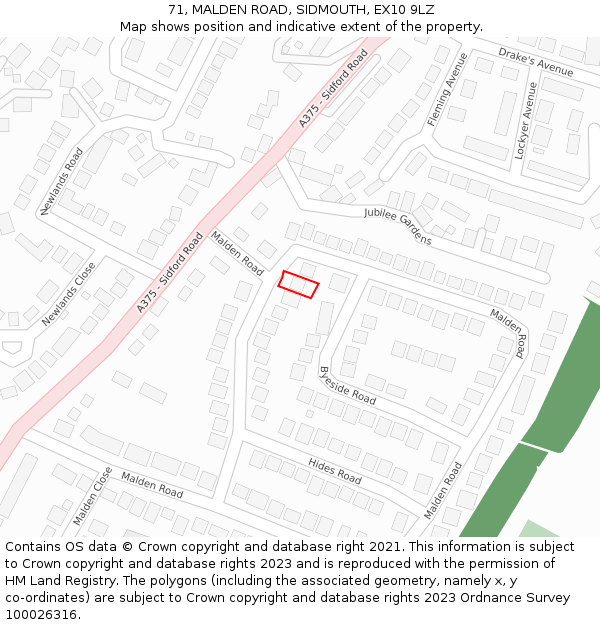 71, MALDEN ROAD, SIDMOUTH, EX10 9LZ: Location map and indicative extent of plot