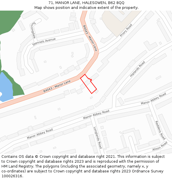 71, MANOR LANE, HALESOWEN, B62 8QQ: Location map and indicative extent of plot