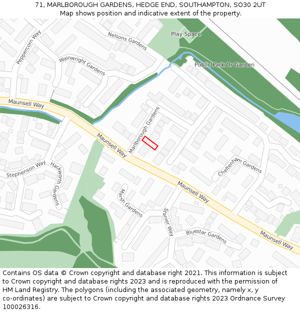 71, MARLBOROUGH GARDENS, HEDGE END, SOUTHAMPTON, SO30 2UT: Location map and indicative extent of plot