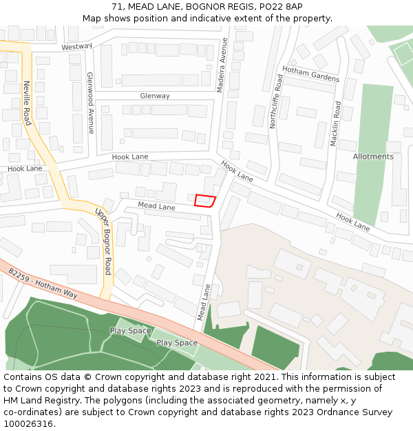 71, MEAD LANE, BOGNOR REGIS, PO22 8AP: Location map and indicative extent of plot