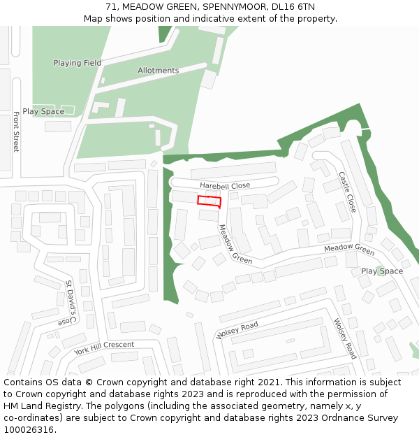 71, MEADOW GREEN, SPENNYMOOR, DL16 6TN: Location map and indicative extent of plot