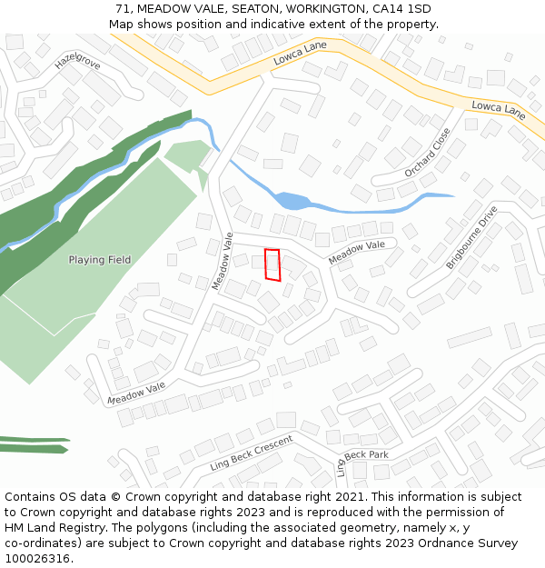 71, MEADOW VALE, SEATON, WORKINGTON, CA14 1SD: Location map and indicative extent of plot