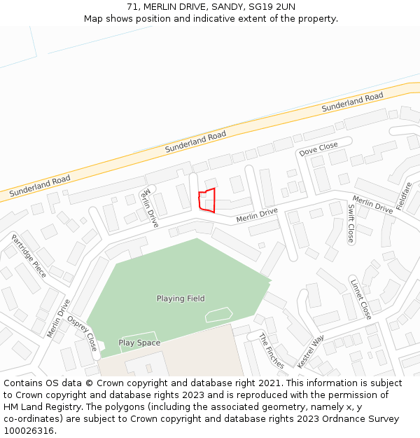 71, MERLIN DRIVE, SANDY, SG19 2UN: Location map and indicative extent of plot