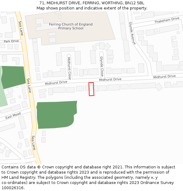 71, MIDHURST DRIVE, FERRING, WORTHING, BN12 5BL: Location map and indicative extent of plot