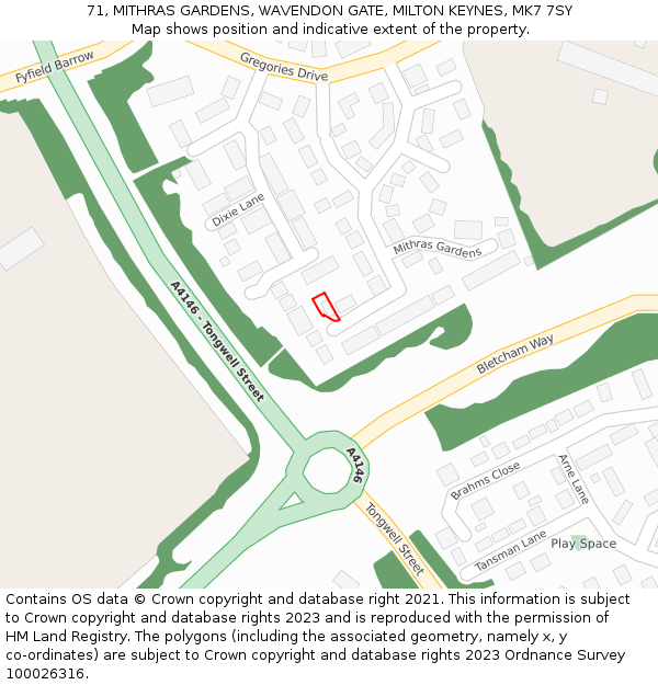 71, MITHRAS GARDENS, WAVENDON GATE, MILTON KEYNES, MK7 7SY: Location map and indicative extent of plot