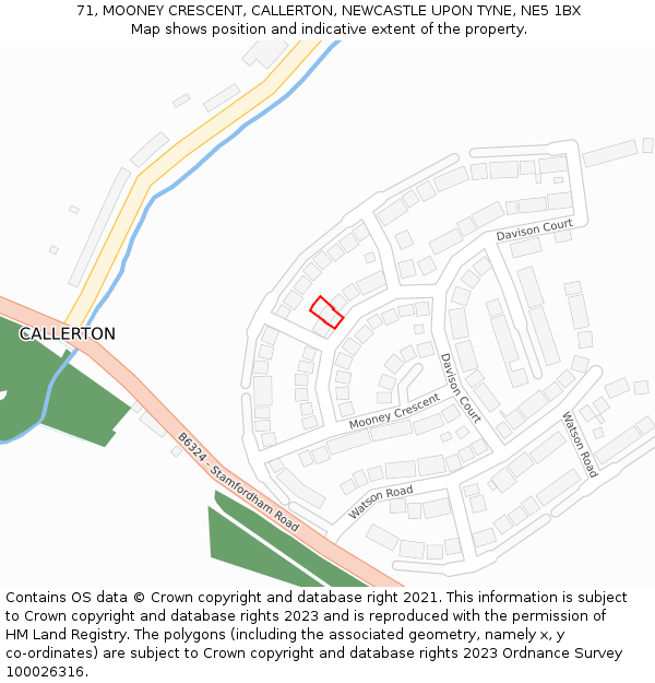 71, MOONEY CRESCENT, CALLERTON, NEWCASTLE UPON TYNE, NE5 1BX: Location map and indicative extent of plot