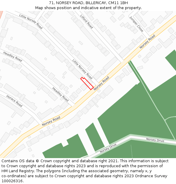 71, NORSEY ROAD, BILLERICAY, CM11 1BH: Location map and indicative extent of plot
