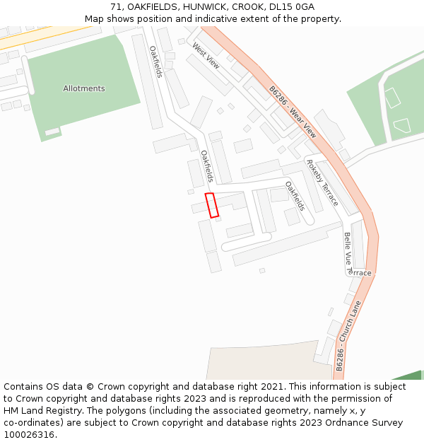 71, OAKFIELDS, HUNWICK, CROOK, DL15 0GA: Location map and indicative extent of plot