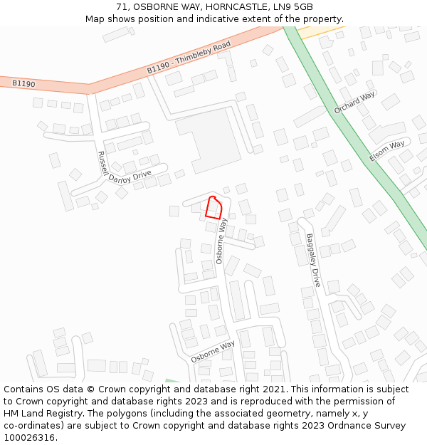 71, OSBORNE WAY, HORNCASTLE, LN9 5GB: Location map and indicative extent of plot