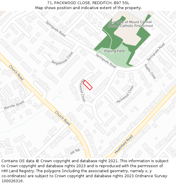 71, PACKWOOD CLOSE, REDDITCH, B97 5SL: Location map and indicative extent of plot