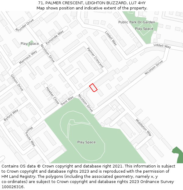 71, PALMER CRESCENT, LEIGHTON BUZZARD, LU7 4HY: Location map and indicative extent of plot