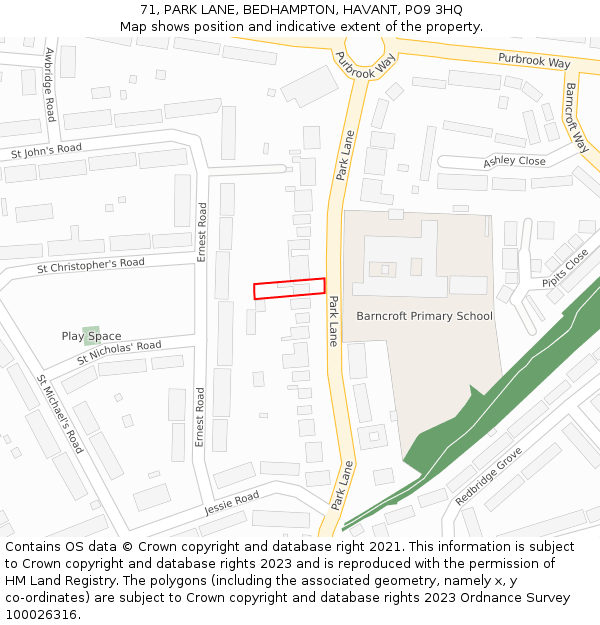 71, PARK LANE, BEDHAMPTON, HAVANT, PO9 3HQ: Location map and indicative extent of plot