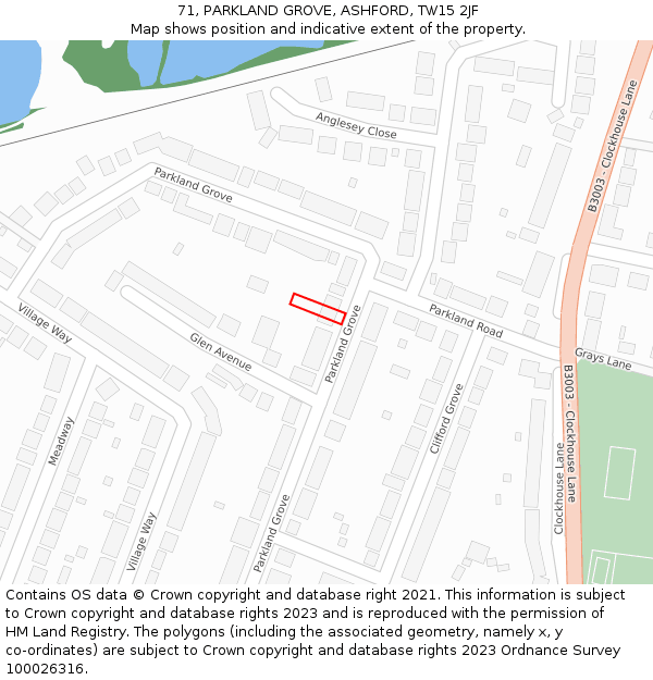 71, PARKLAND GROVE, ASHFORD, TW15 2JF: Location map and indicative extent of plot