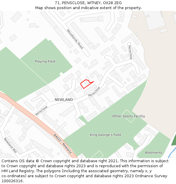 71, PENSCLOSE, WITNEY, OX28 2EG: Location map and indicative extent of plot