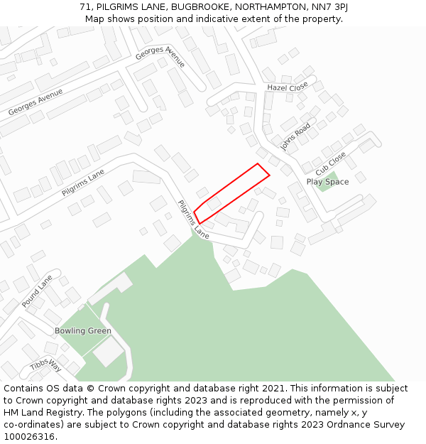 71, PILGRIMS LANE, BUGBROOKE, NORTHAMPTON, NN7 3PJ: Location map and indicative extent of plot