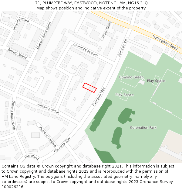 71, PLUMPTRE WAY, EASTWOOD, NOTTINGHAM, NG16 3LQ: Location map and indicative extent of plot