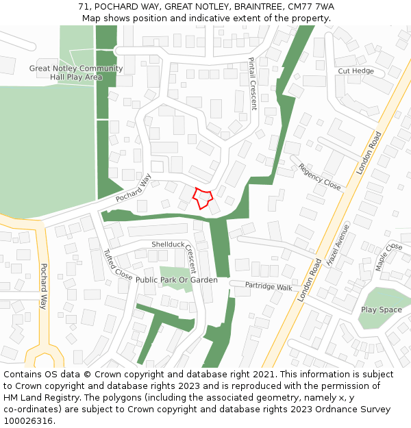 71, POCHARD WAY, GREAT NOTLEY, BRAINTREE, CM77 7WA: Location map and indicative extent of plot