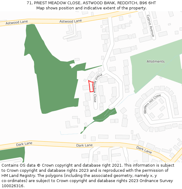 71, PRIEST MEADOW CLOSE, ASTWOOD BANK, REDDITCH, B96 6HT: Location map and indicative extent of plot