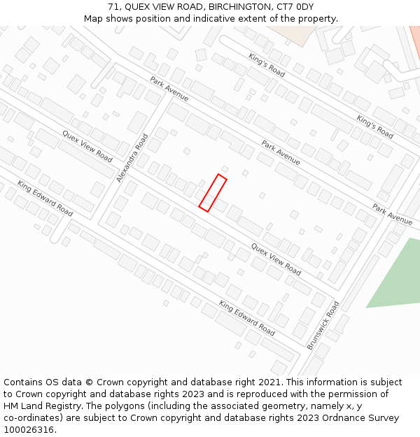 71, QUEX VIEW ROAD, BIRCHINGTON, CT7 0DY: Location map and indicative extent of plot