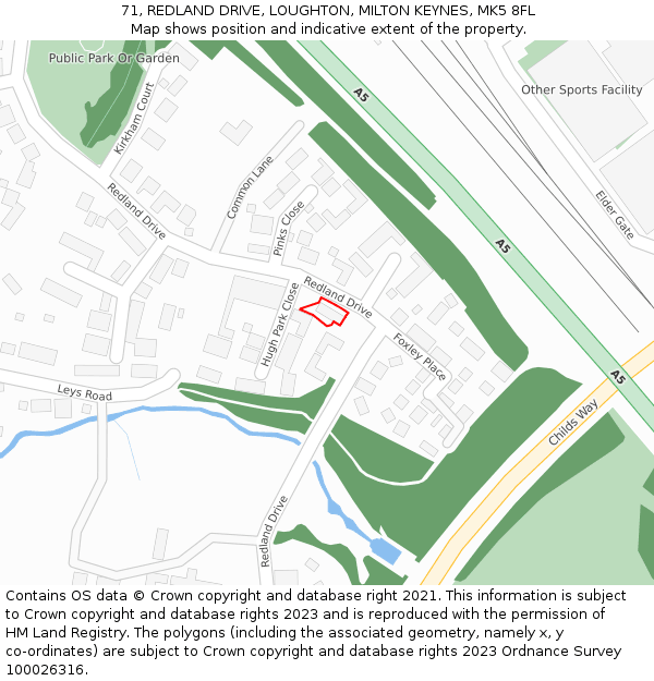 71, REDLAND DRIVE, LOUGHTON, MILTON KEYNES, MK5 8FL: Location map and indicative extent of plot