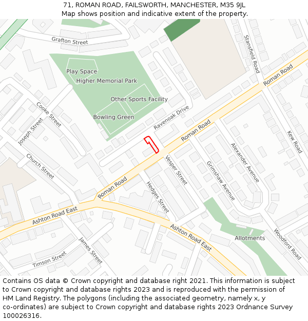 71, ROMAN ROAD, FAILSWORTH, MANCHESTER, M35 9JL: Location map and indicative extent of plot